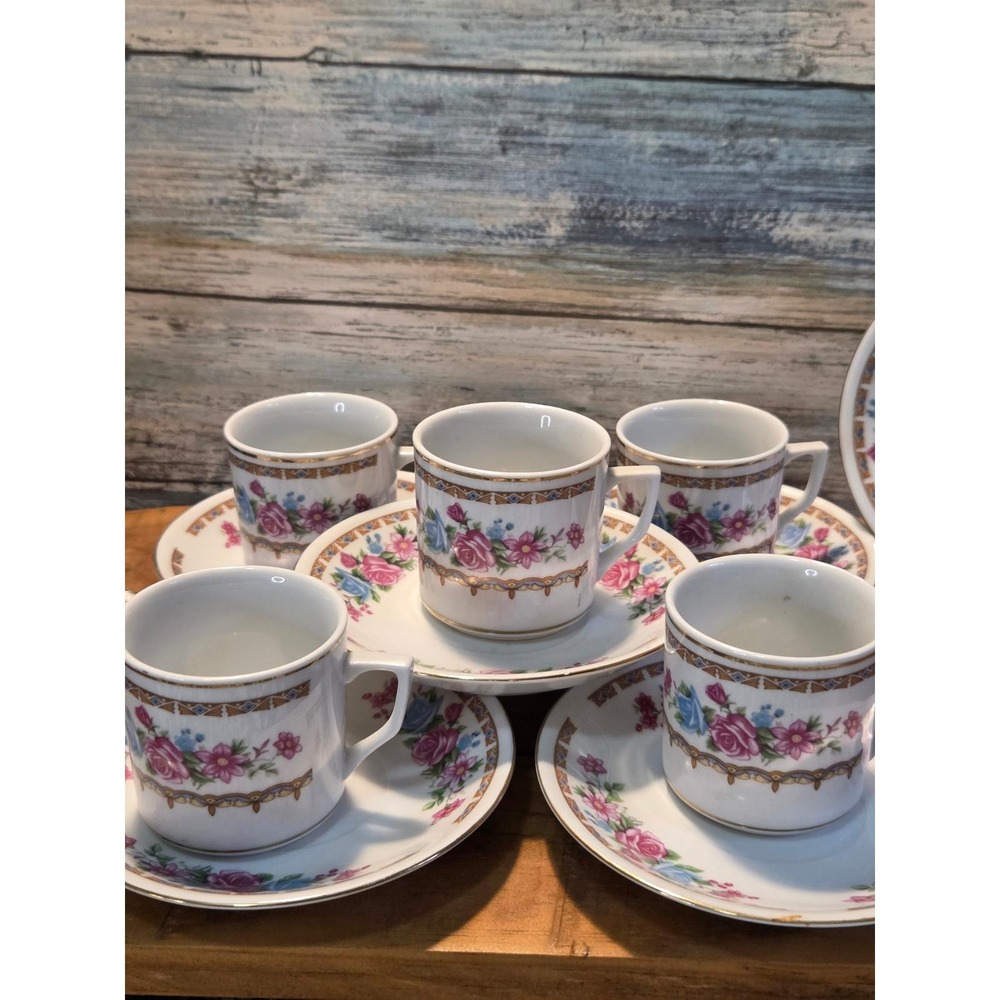 Vintage Floral Tea Cups and Saucers Set of 6 Porcelain Espresso Coffee Date